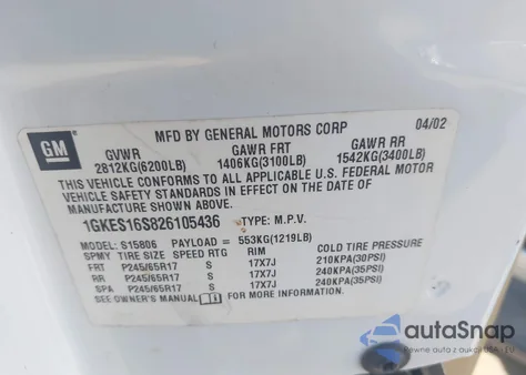 2002 GMC Envoy Xl Slt from USA, damaged, VIN 1GKES16S826105436